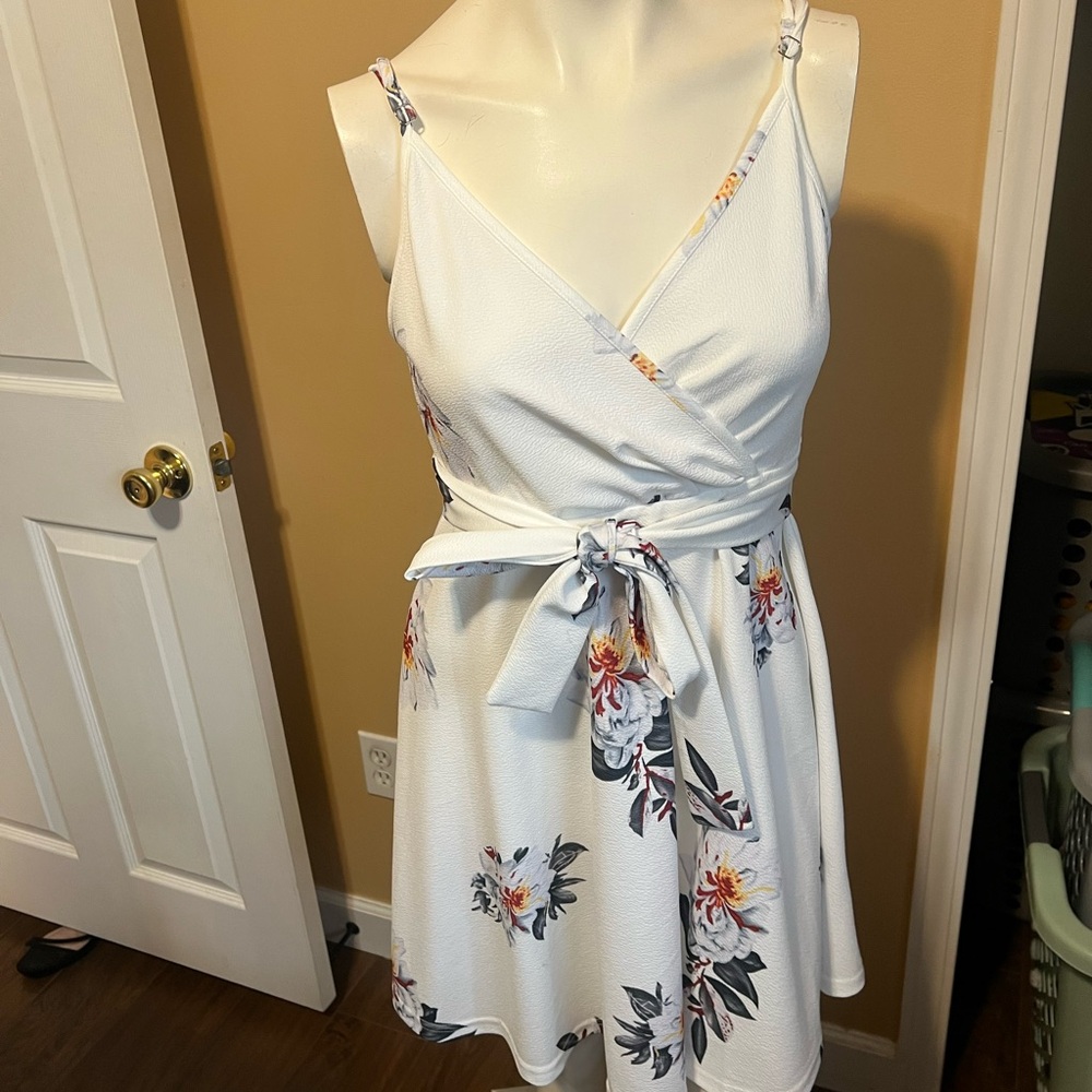 SHEIN White and Black Embellished Wrap Mini Dress